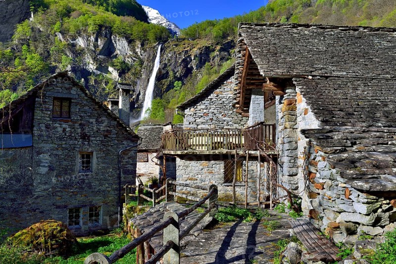 Ticino stone houses in the mountain village of Foroglio
