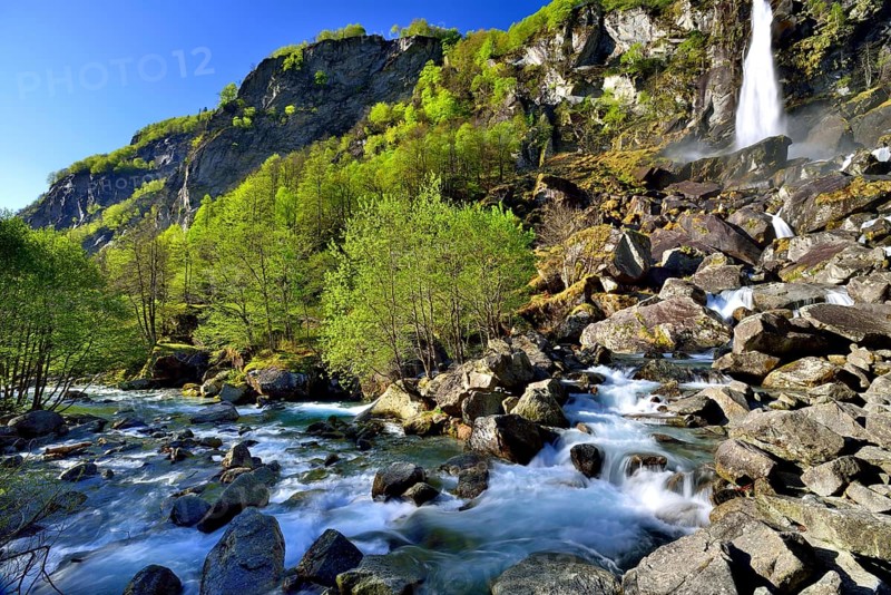 Mountain river Bavona with waterfall