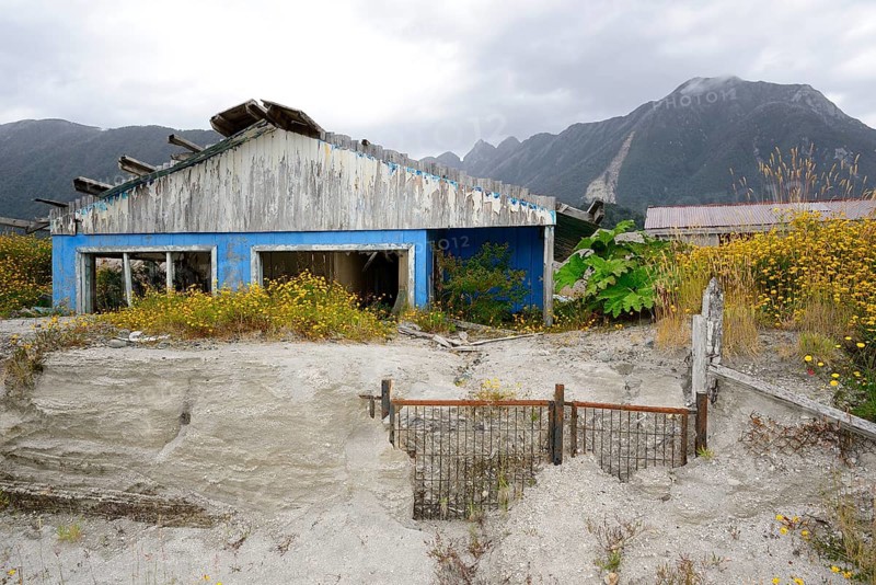Destroyed house during volcanic eruption of Chaiten volcano in 2008