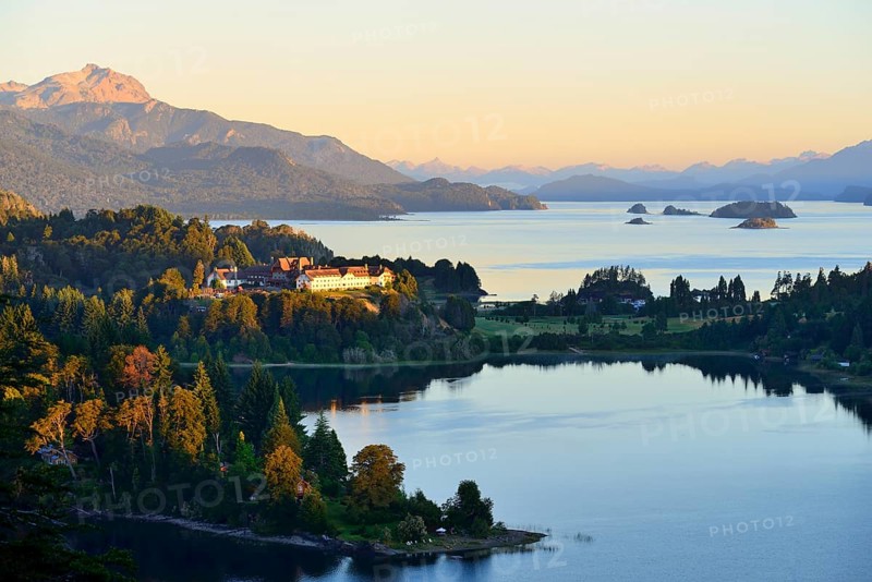 Llao Llao Hotel between Lago Perito Moreno and Lago Nahuel Huapi with morning sun