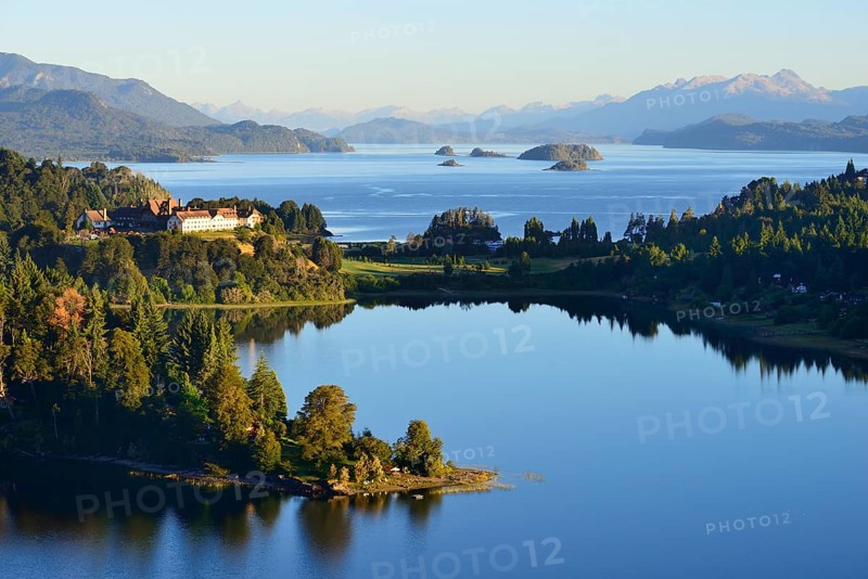 Llao Llao Hotel between Lago Perito Moreno and Lago Nahuel Huapi with morning sun