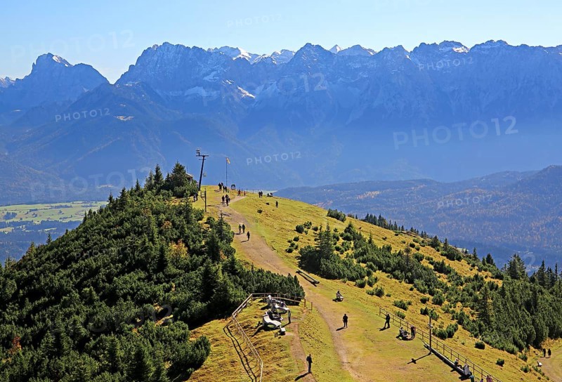 Hiking trail at the summit of Wank 1780m against the Karwendel Mountains