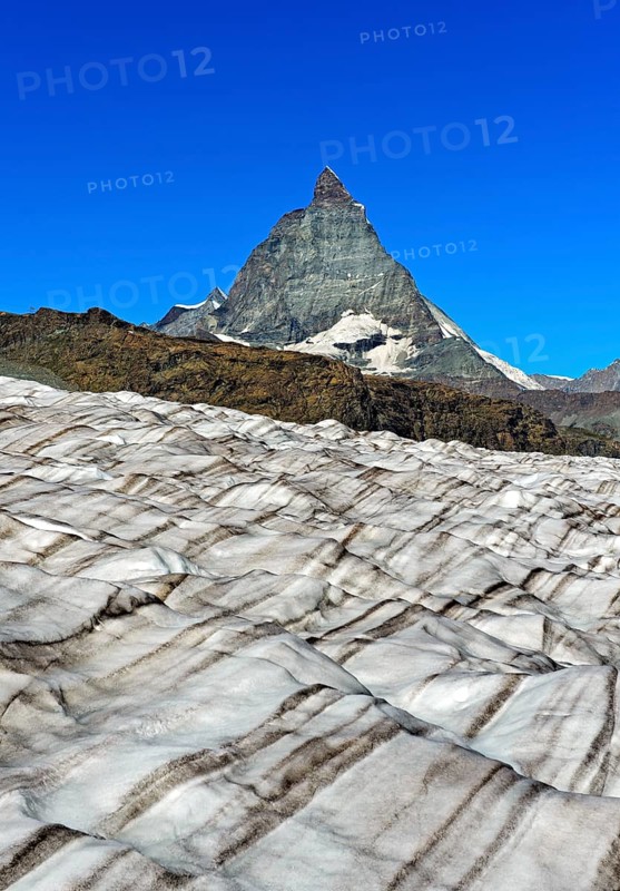 Icefield of the Gorner glacier with view of the Matterhorn