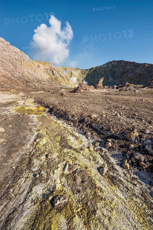 Yellow sulphur and fumaroles on the volcanic island of White Island