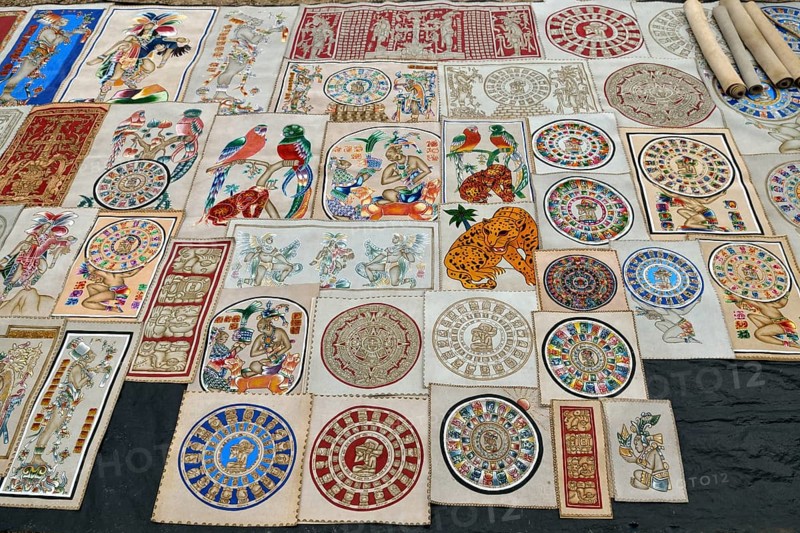 Mayan motifs on cloths at a souvenir stand