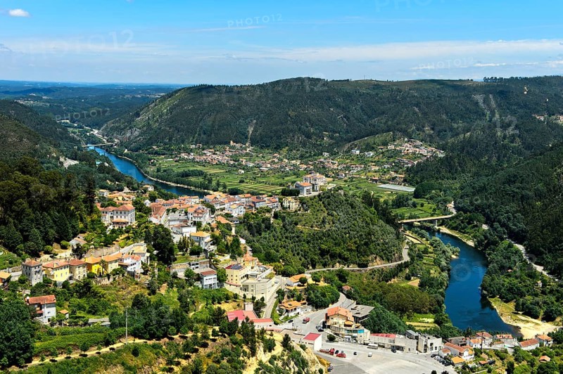 View from the viewpoint Penedo de Castro to the city Penacova at the river Mondego