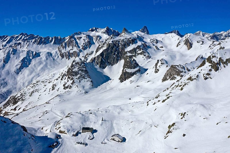 View of snow-covered Great Saint Bernard Pass