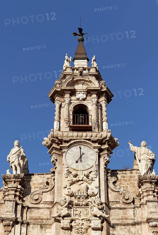 Baroque facade and tower of the church Real Iglesia de los Santos Juanes