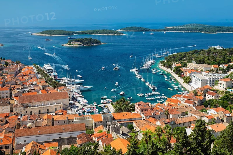 Overview of Old Town with harbour and Pakleni Islands