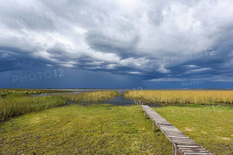 Footbridge at the lakeside with dramatic sky