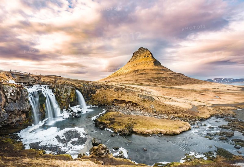 Mount Kirkjufell with Kirkjufellsfoss Waterfall
