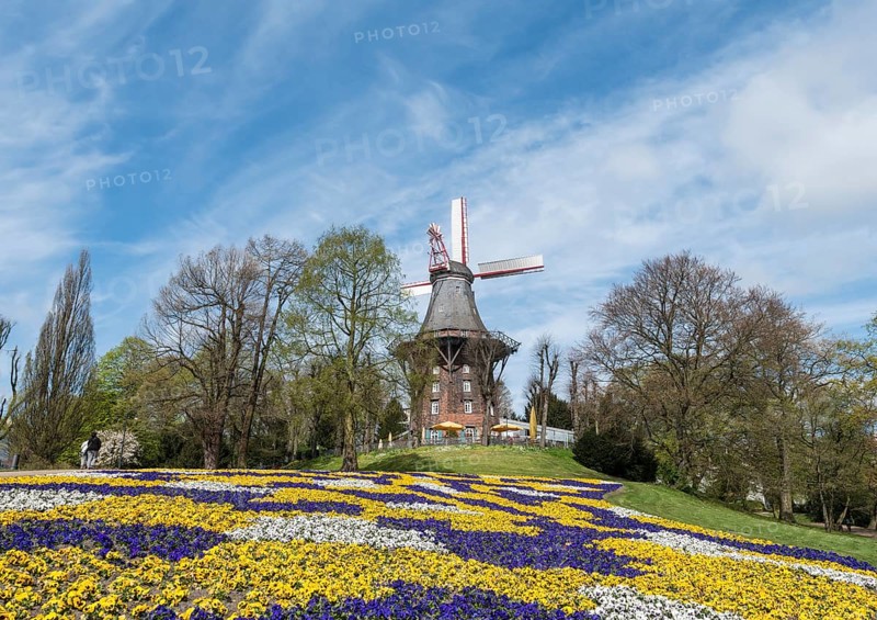 Colorful flowerbeds with windmill and ramparts