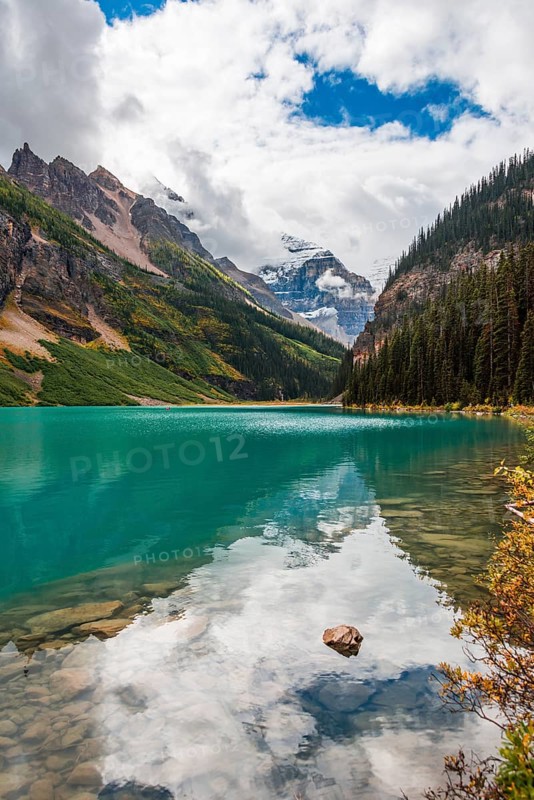 View of Mount Victoria and turquoise mountain lake