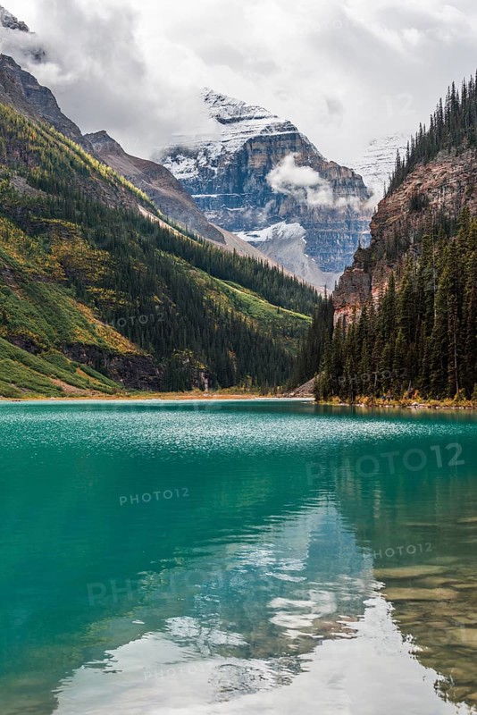 View of Mount Victoria and turquoise mountain lake