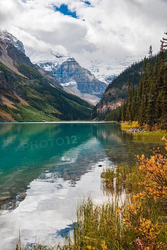 View of Mount Victoria and turquoise mountain lake