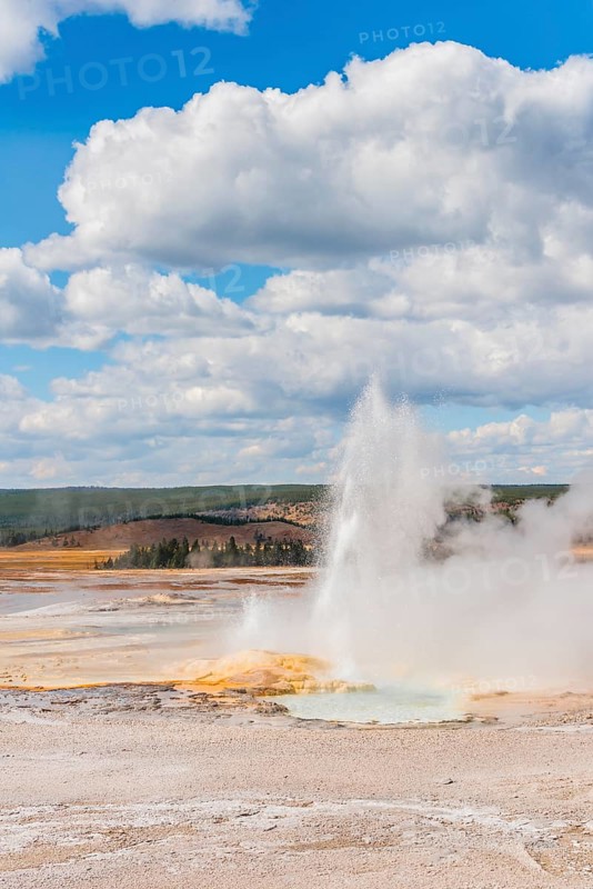 Steaming geyser with water fountain