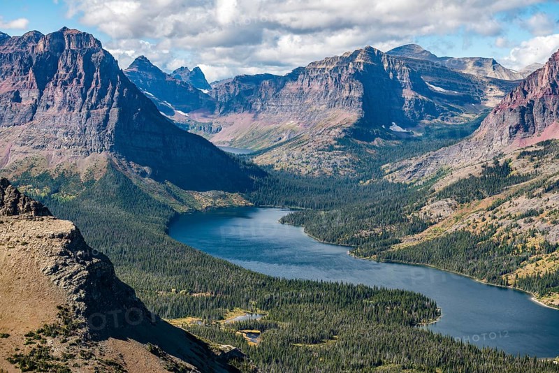 View from Continental Divide Trail onto Mountain Lake Two Medicine Lake with mountain landscape