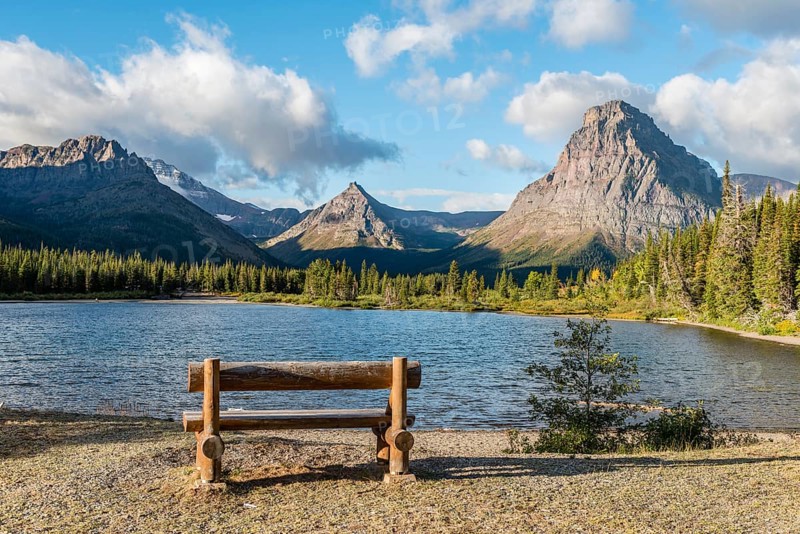 Viewing bench at the mountain lake