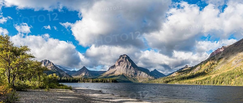 Mountain lake Two Medicine Lake in mountain landscape