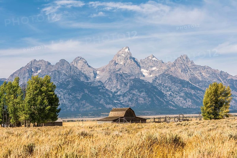 Historic old barn in front of the Teton Range mountain range