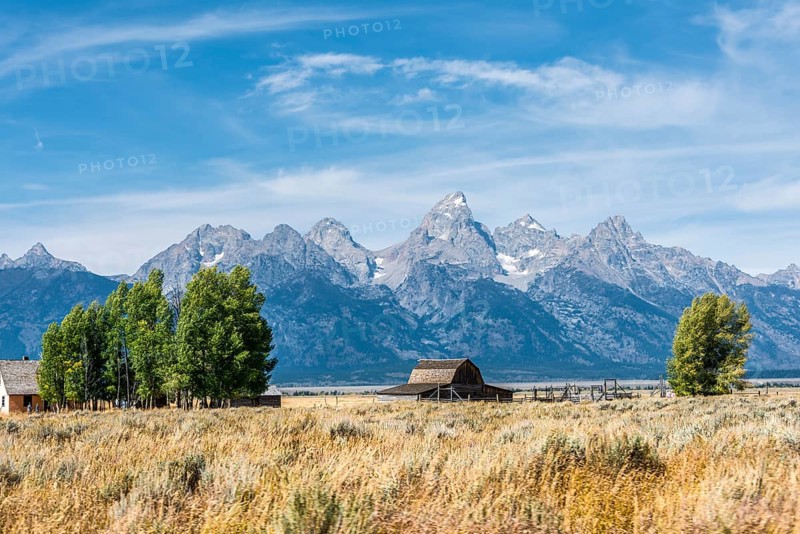 Historic old barn in front of the Teton Range mountain range