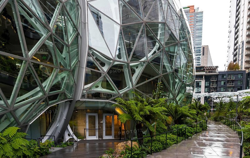 Modern office building of Amazon with a garden