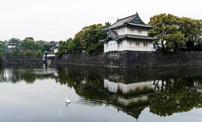 Kikyo-mon gate and watchtower behind moat