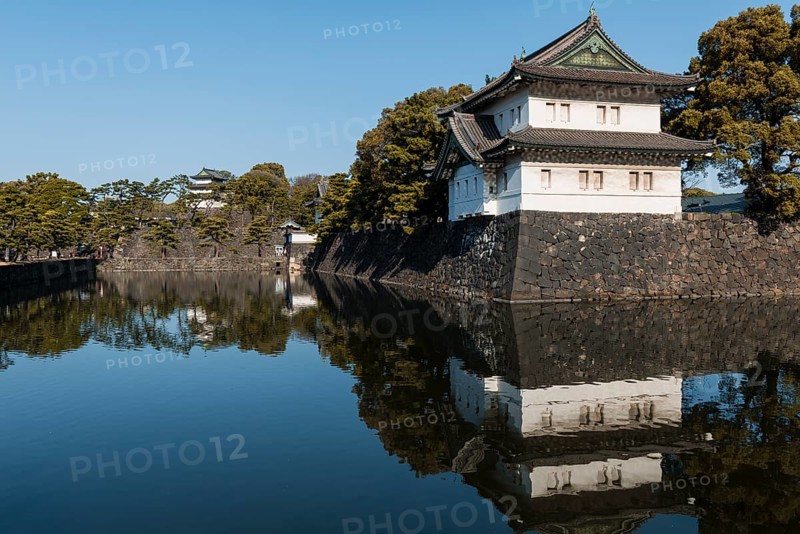 Watchtower at Kikyo-mon Gate behind moat