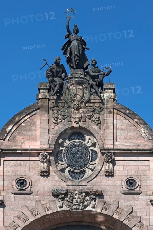 Ornametal gable from the Opera House with coat of arms of Nuremberg and sculptures
