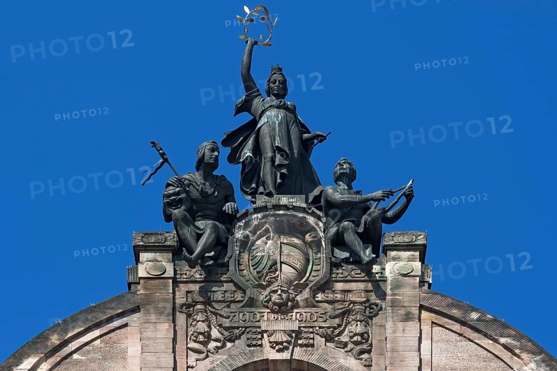 Ornametal gable from the Opera House with coat of arms of Nuremberg and sculptures