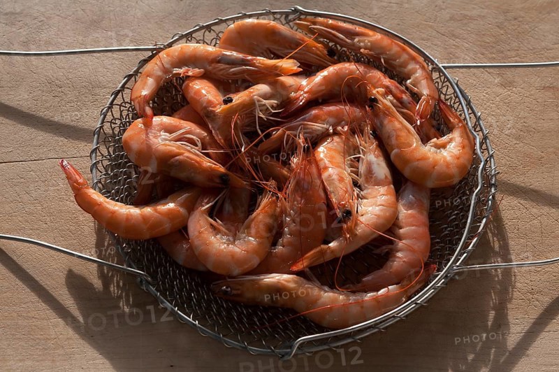 Cooked shrimp in colander