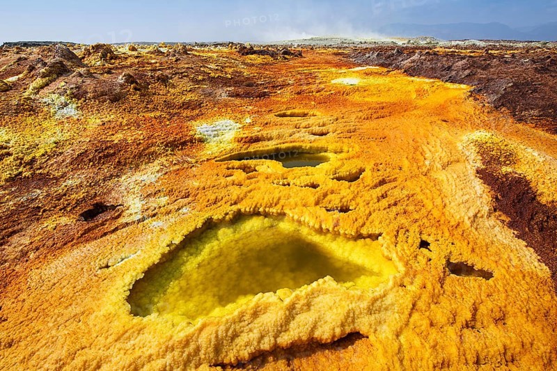 Geothermal area with sulphur deposits and acidic salt lakes