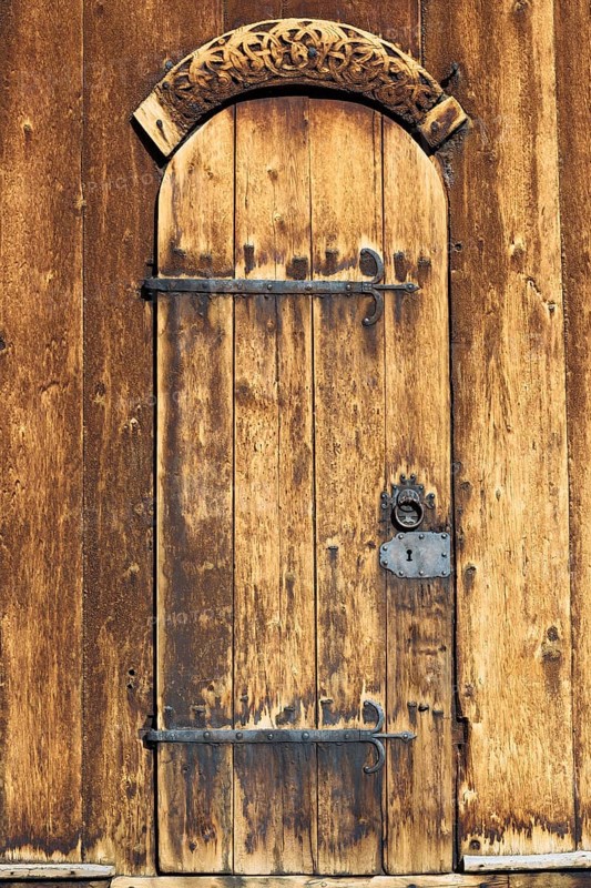 Door with iron fittings and wooden relief