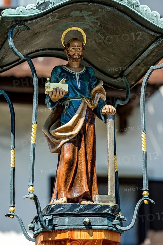 Carved wooden statue of Saint Joseph of Nazareth with plane and machinist square