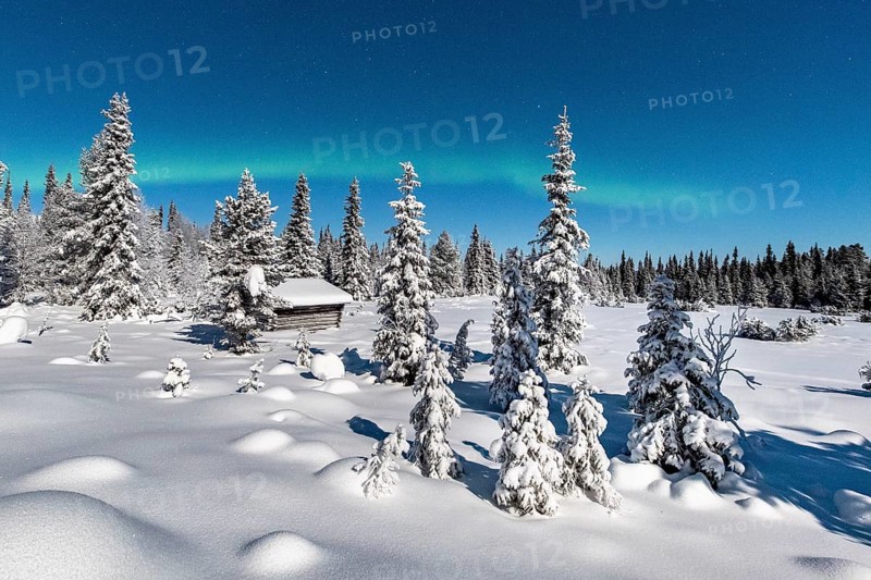 Northern Lights (Aurora Borealis) with starry sky over snow-covered hut in winter landscape