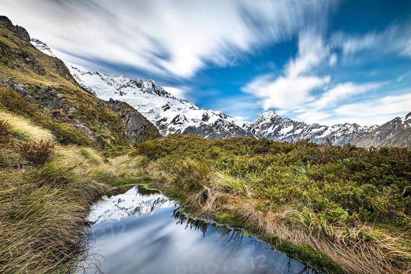 Mountains reflected in small mountain lake