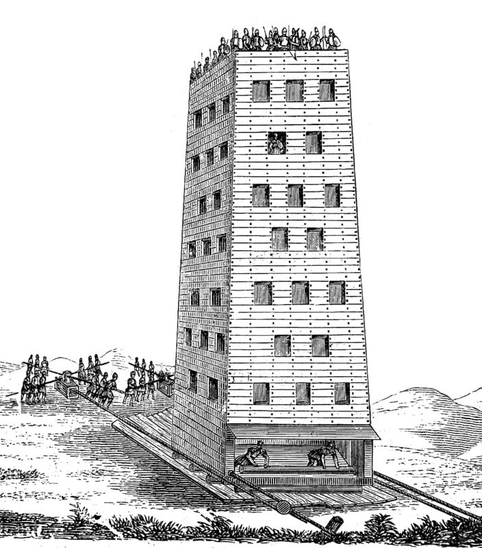 Siege tower or breaching tower or siege engine from the time of the second crusade