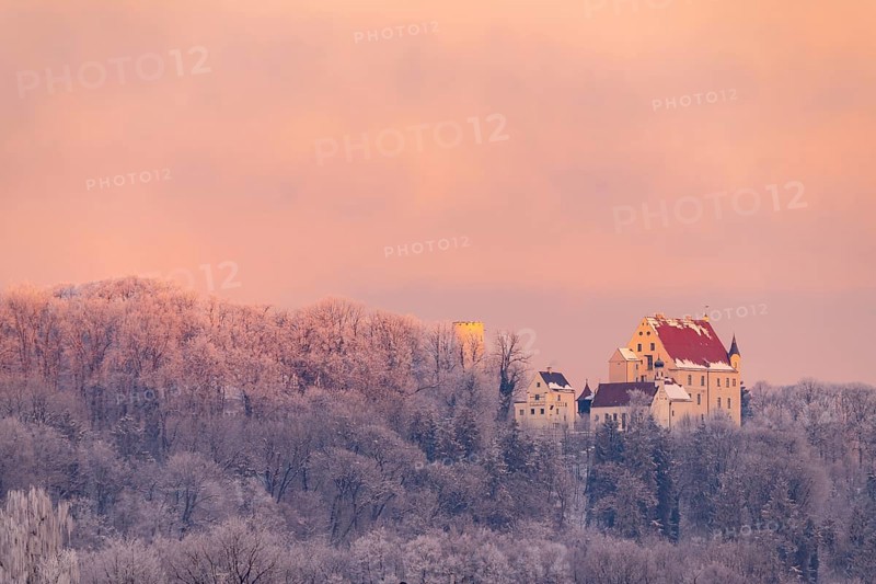 Mindelburg Castle in winter forest at sunrise