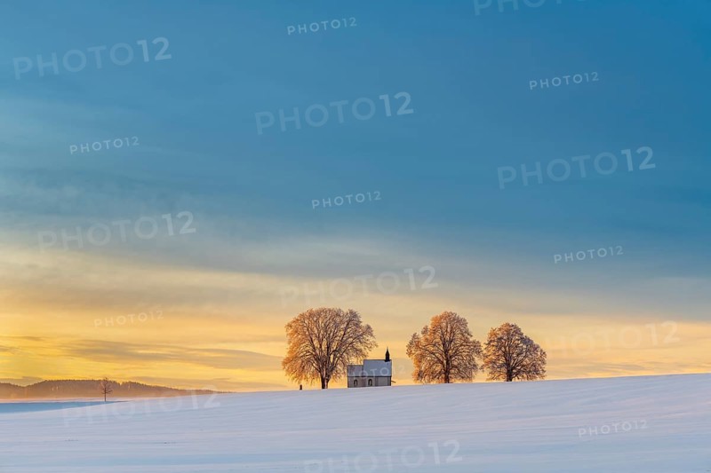 Chapel 14 emergency helpers with old trees in snow-covered landscape at sunrise