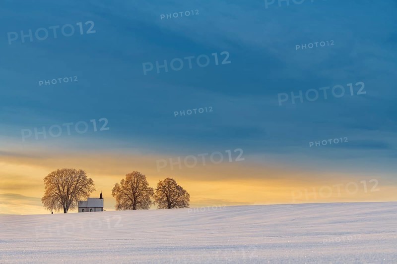 Chapel 14 emergency helpers with old trees in snow-covered landscape at sunrise