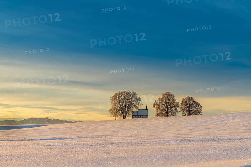 Chapel 14 emergency helpers with old trees in snow-covered landscape at sunrise