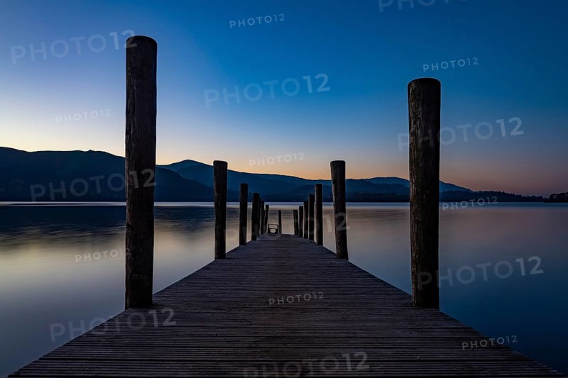 Lake Derwentwater with jetty at sunset