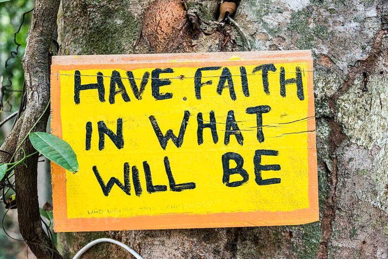 Sign posted on tree saying Have Faith In What Will Be