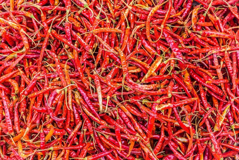 Red chili peppers at a market