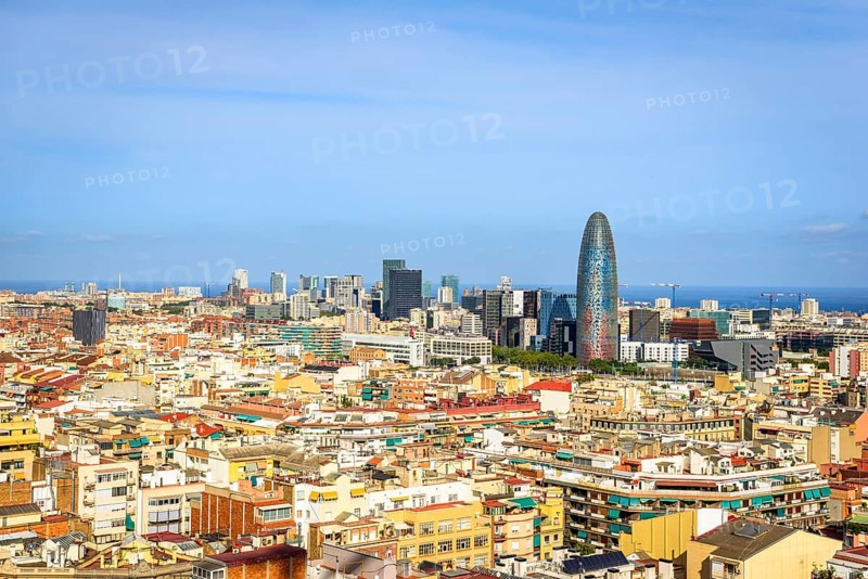 City view with houses and Torre Agbar by architect Jean Nouvel