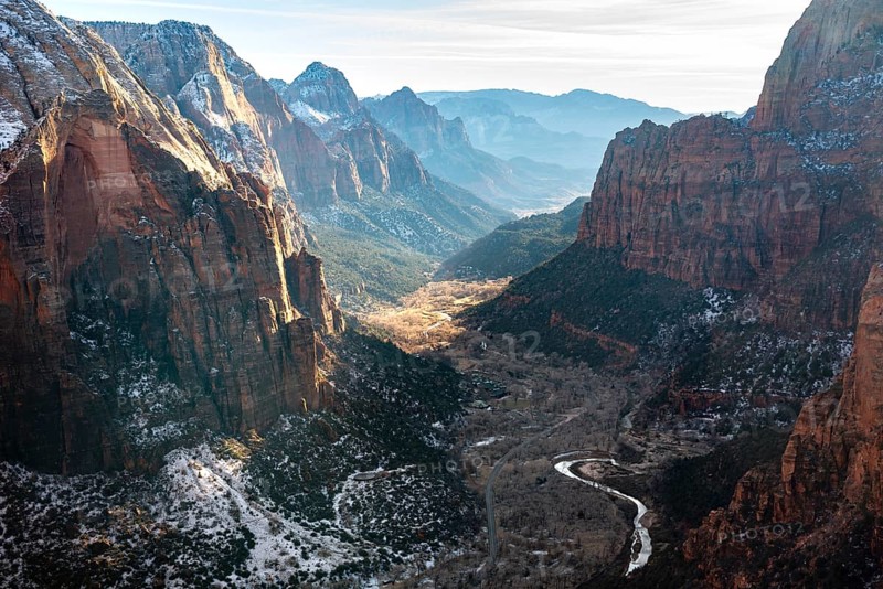 View from Angels Landing into Zion Canyon with Virgin River