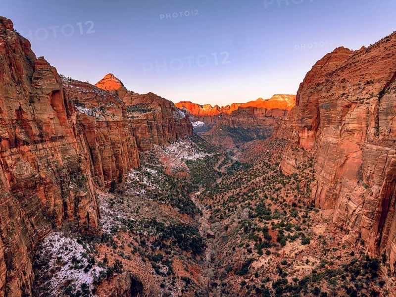 View from Canyon Overlook into Zion Canyon with snow