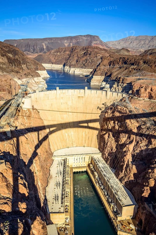 View from the Hoover Dam Bypass Bridge to the dam wall of the Hoover Dam