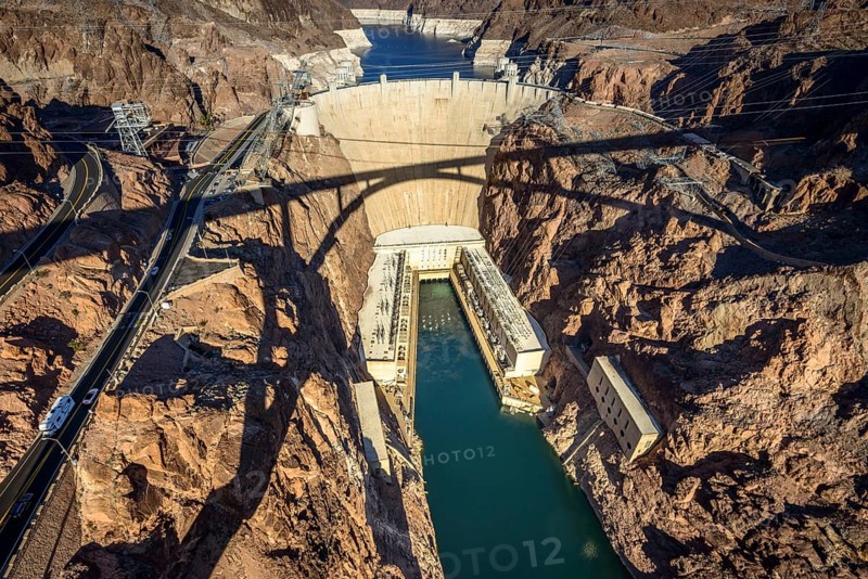 View from the Hoover Dam Bypass Bridge to the dam wall of the Hoover Dam
