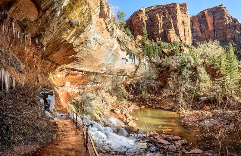 Iced Hiking Emerald Pools Trail in Winter